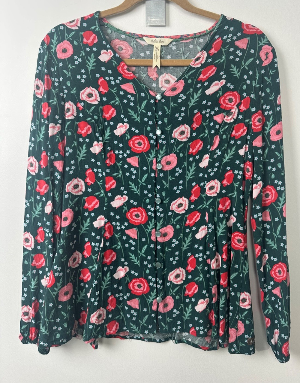MATILDA JANE Green Pink Red Floral Print Button Front Shirt sz M Rayon Top A14